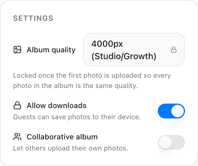 Album settings: locked quality, plus an Allow downloads toggle