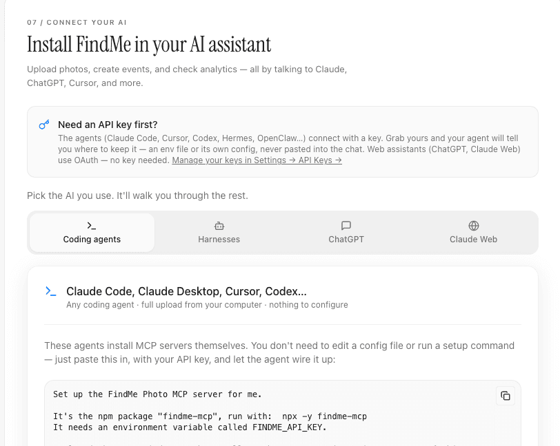 FindMe Settings — Connect your AI page with coding agents, harnesses, ChatGPT, and Claude Web options