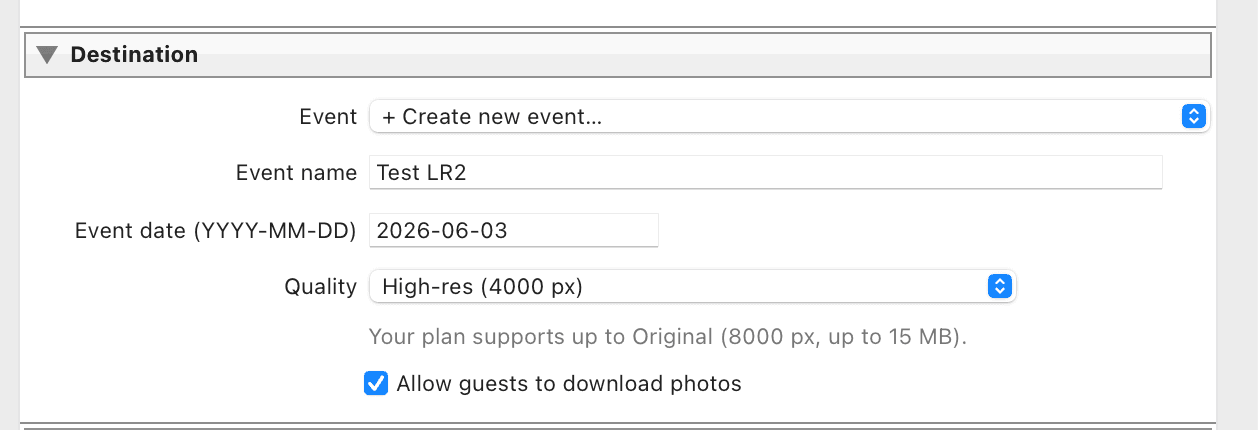 FindMe panel inside Lightroom Classic's Export dialog — pick or create an event