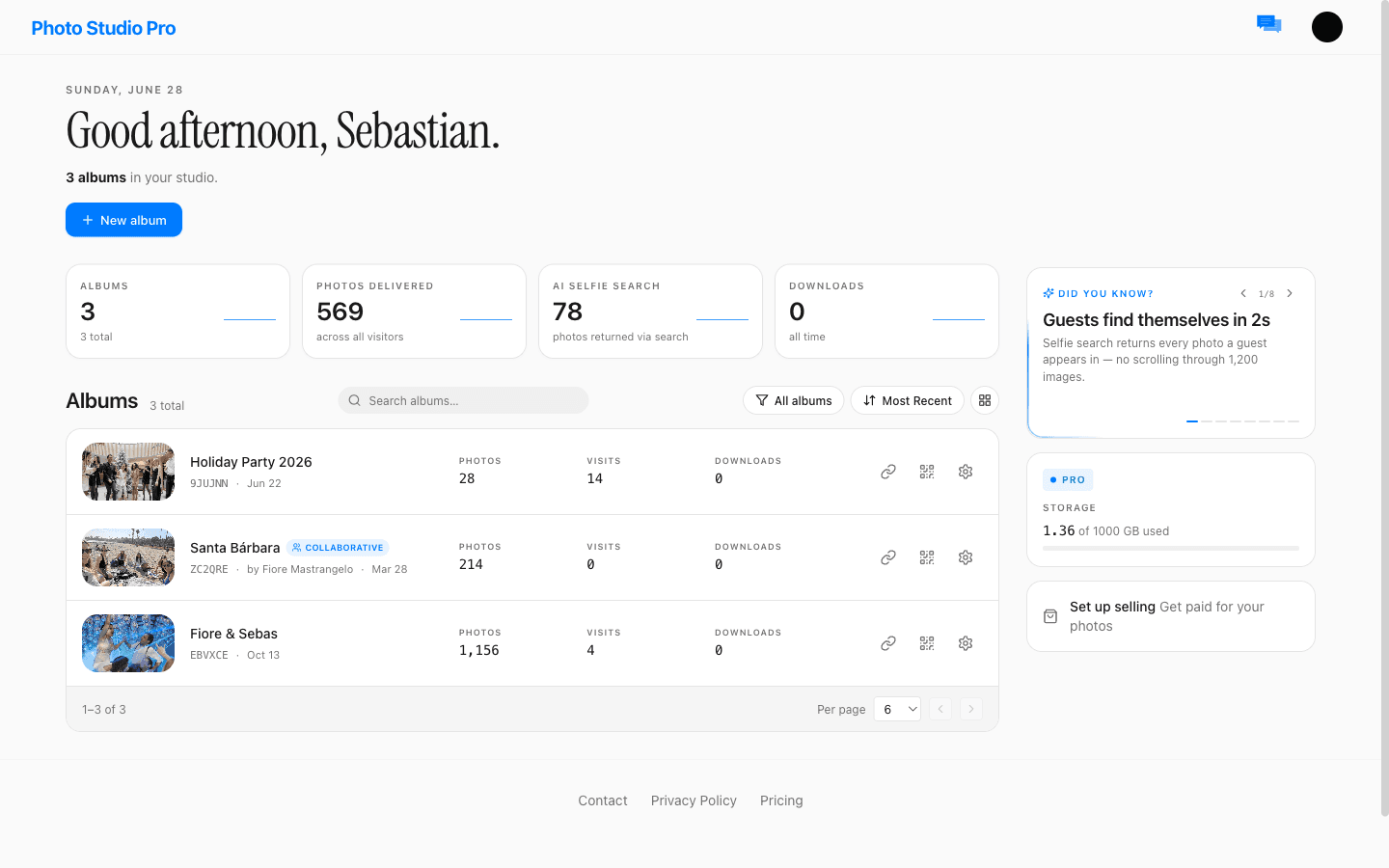 Photo Studio Pro dashboard showing custom branding with warm ivory color scheme and Pro badge