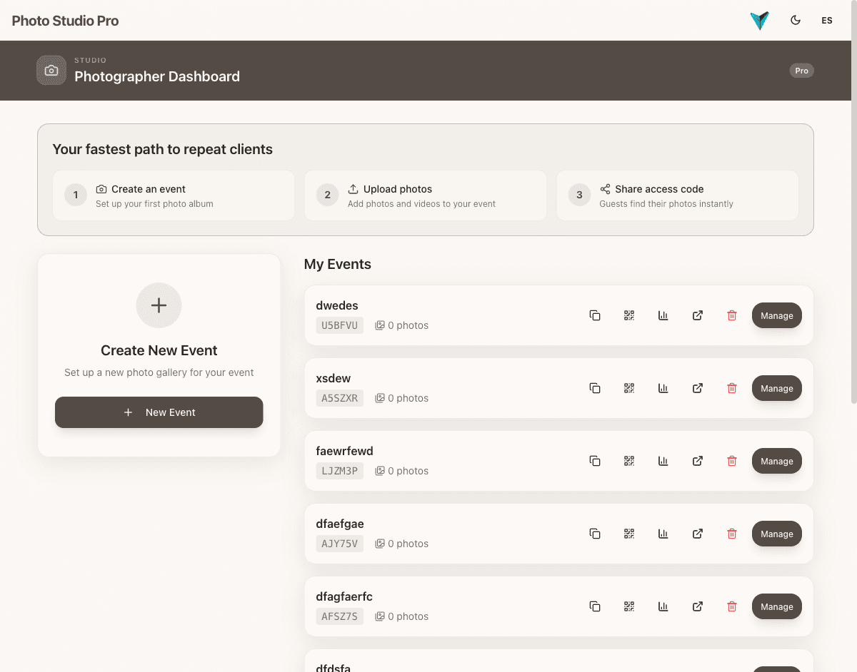 Photo Studio Pro dashboard showing custom branding with warm ivory color scheme and Pro badge