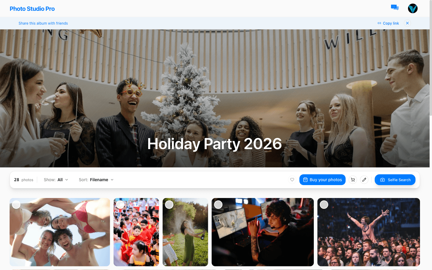 Guest gallery with the Selfie Search button — a branded album of real event photos