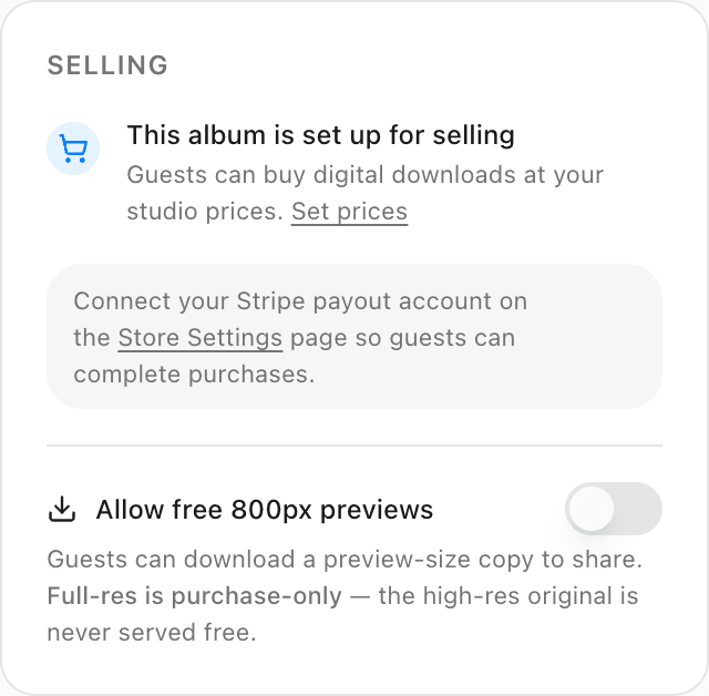 Selling settings — this album is set up for selling; full-res is purchase-only