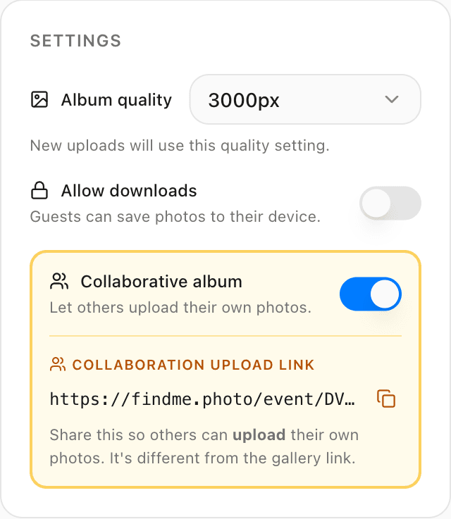 Album settings showing share link, download options, sort order, and collaborative toggle