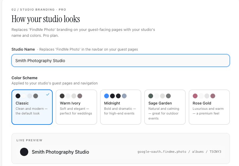 Studio branding settings — studio name field, color scheme picker, and a live preview