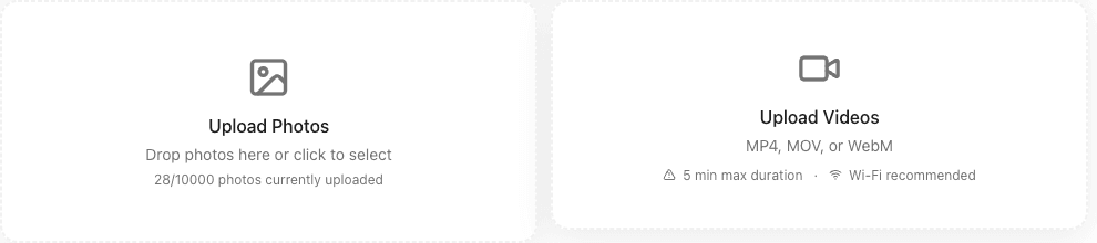 Upload drop zone showing drag-and-drop area with photo count